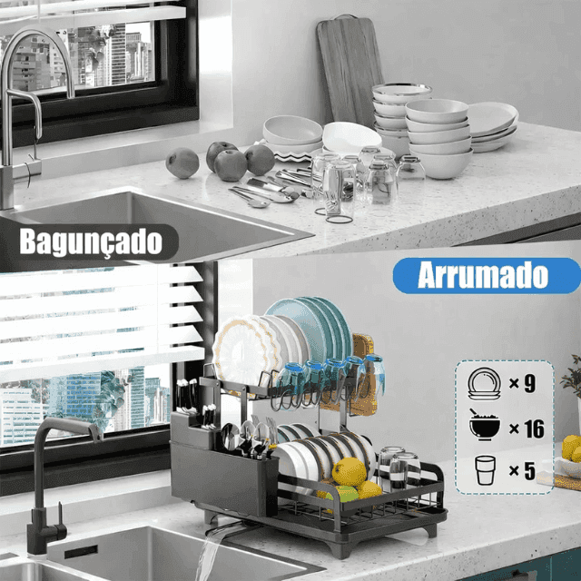 Escorredor de Aço Inox Multifuncional com Kit de Utensílios de Cozinha