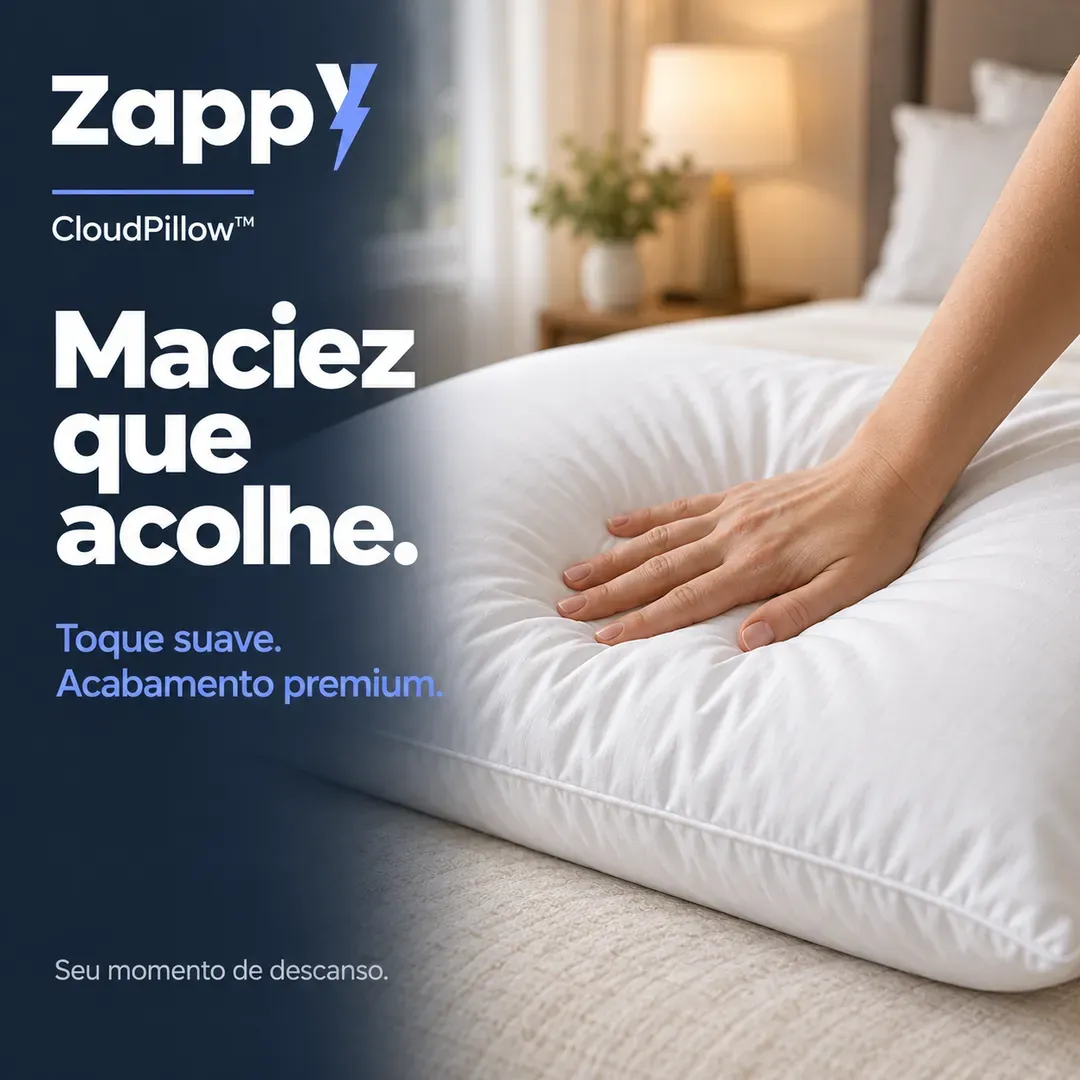 Mão pressionando o travesseiro sobre a cama, afundando o tecido para mostrar que ele cede